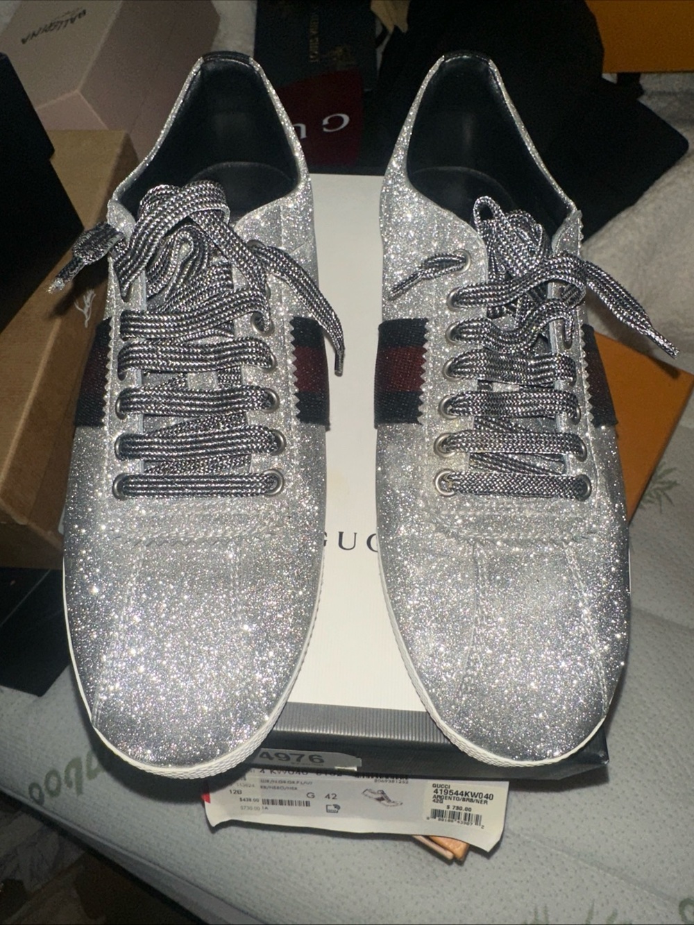 Gucci Silver Glitter Sneakers with Black Ribbon Detail